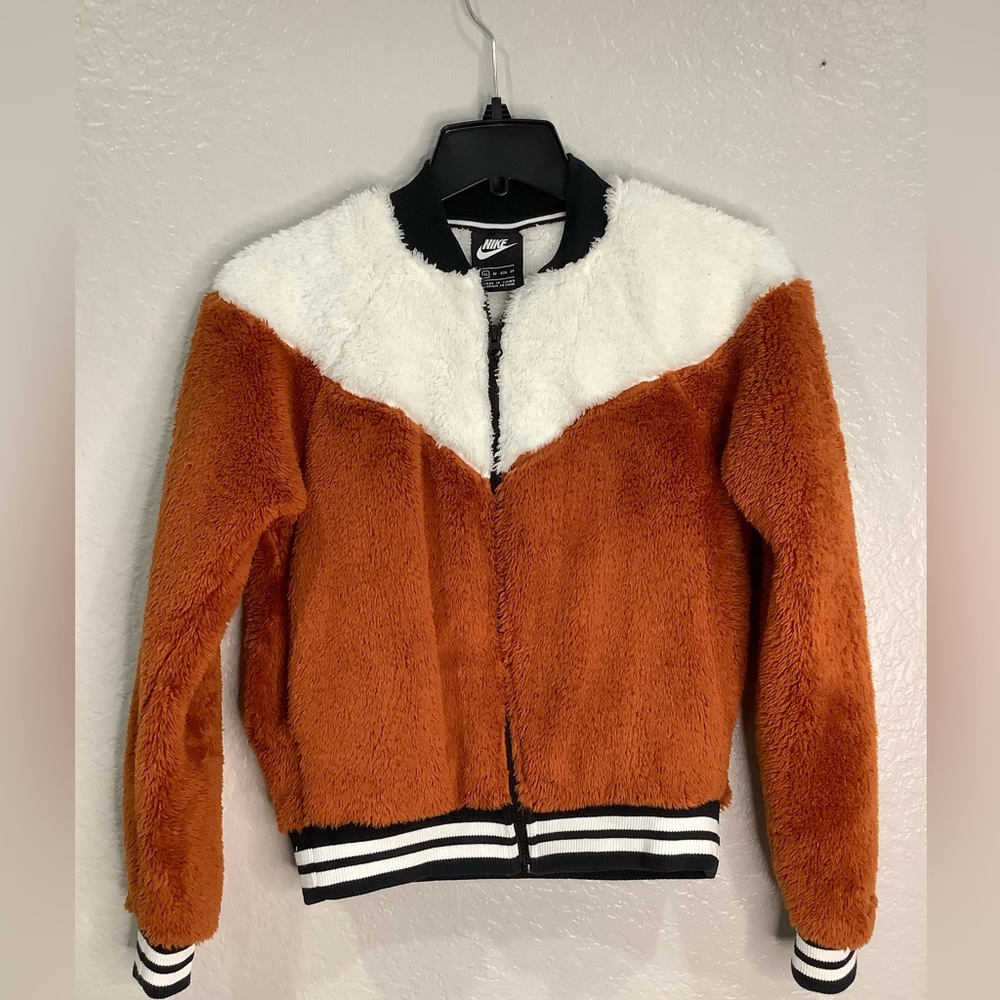 Nike XS “wolf” sherpa jacket, zip front, burnt Orange color, varsity/bomber